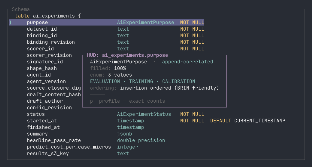 Inara column HUD showing an enum type, fill rate, values, and ordering