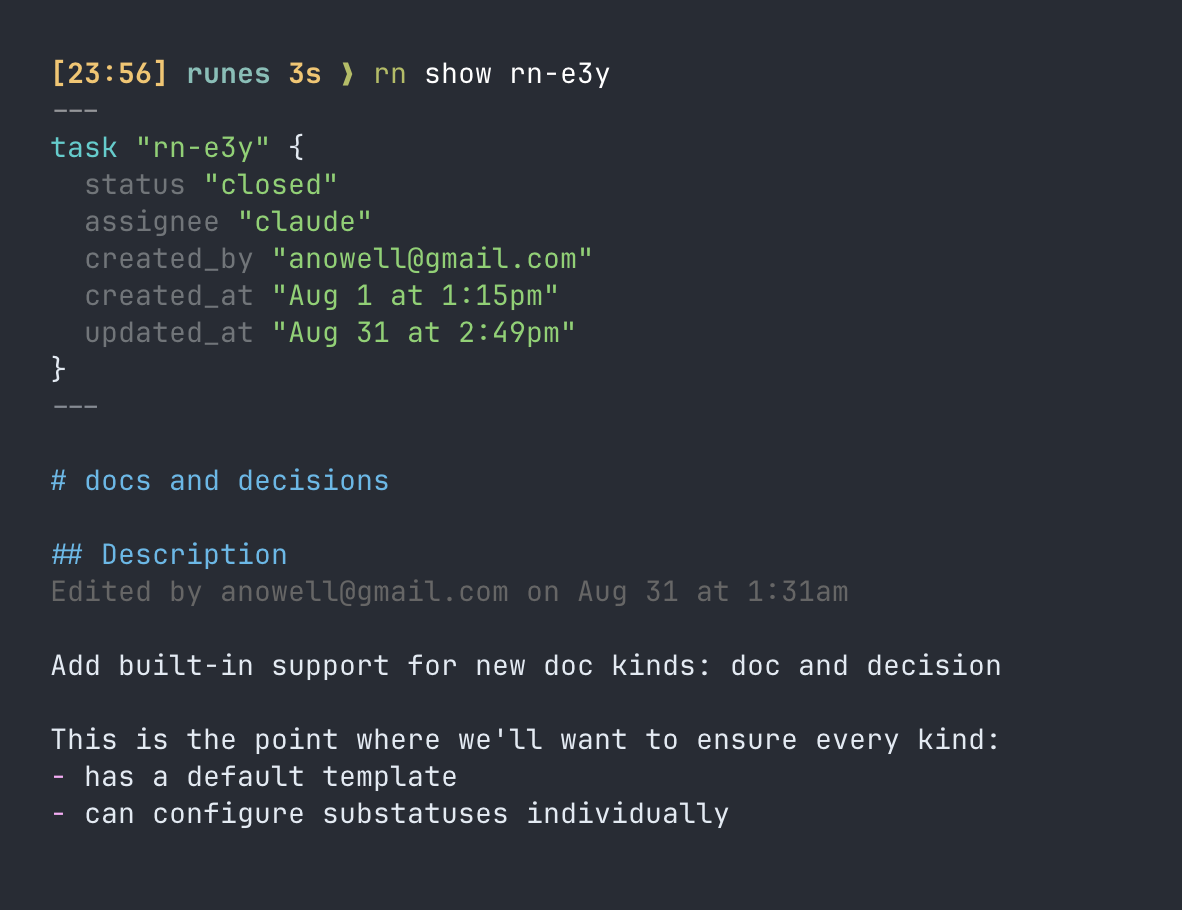rn show output for a closed task, with KDL frontmatter and a markdown body