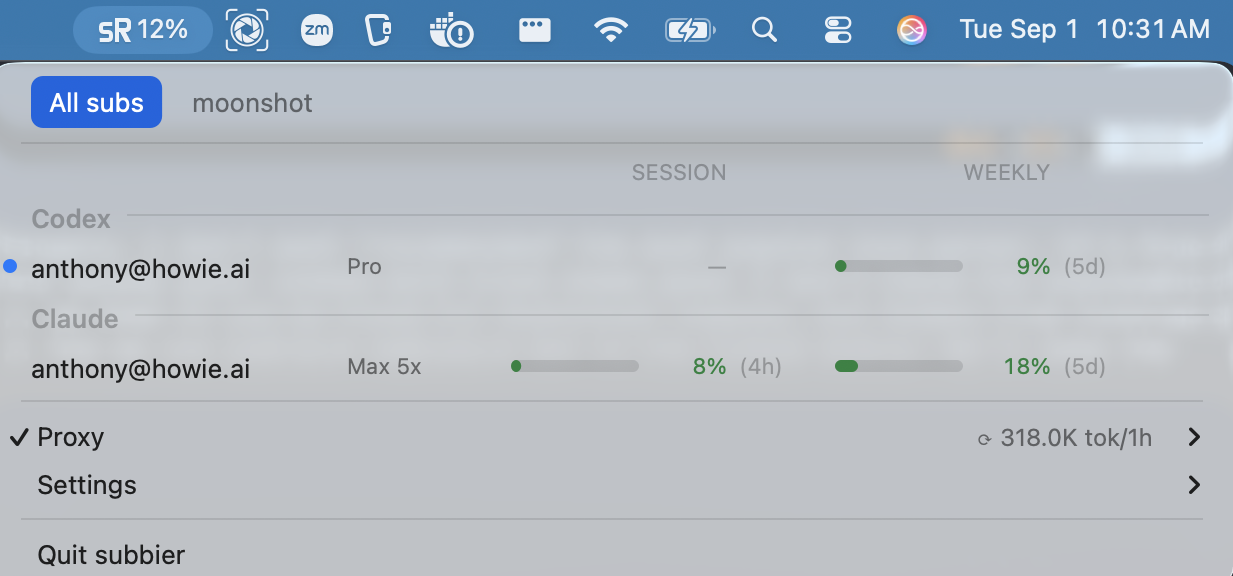 Subbier menubar dropdown showing Codex and Claude subscription usage
